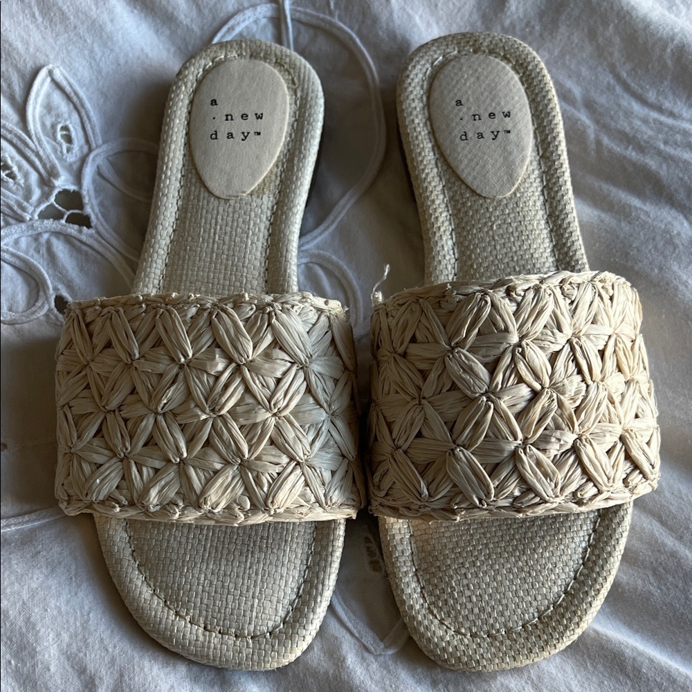 A New Day Beige Woven Slide Sandals